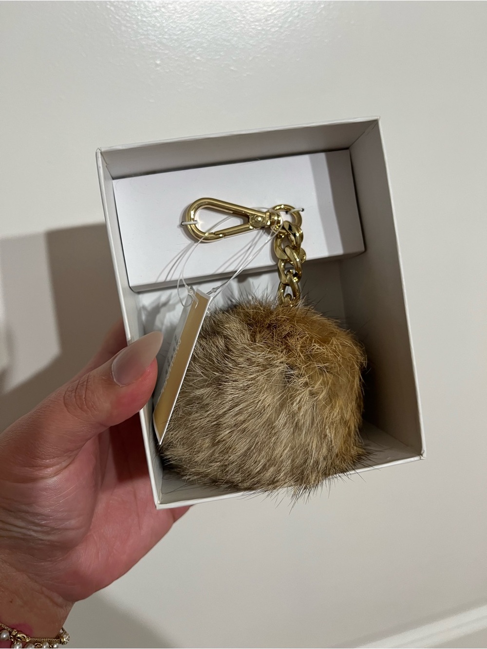 NIB! Fur Pom Pom Keychain with Gold Hardware - Brown